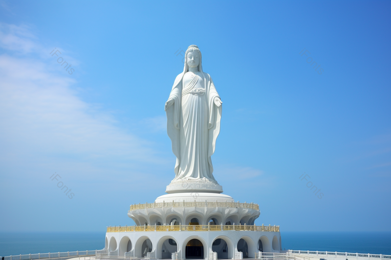 万里无云夏天夏日矗立在海边的观音石像摄影背景,高清,摄影图,摄影图片,图片大全,摄影图免费下载
